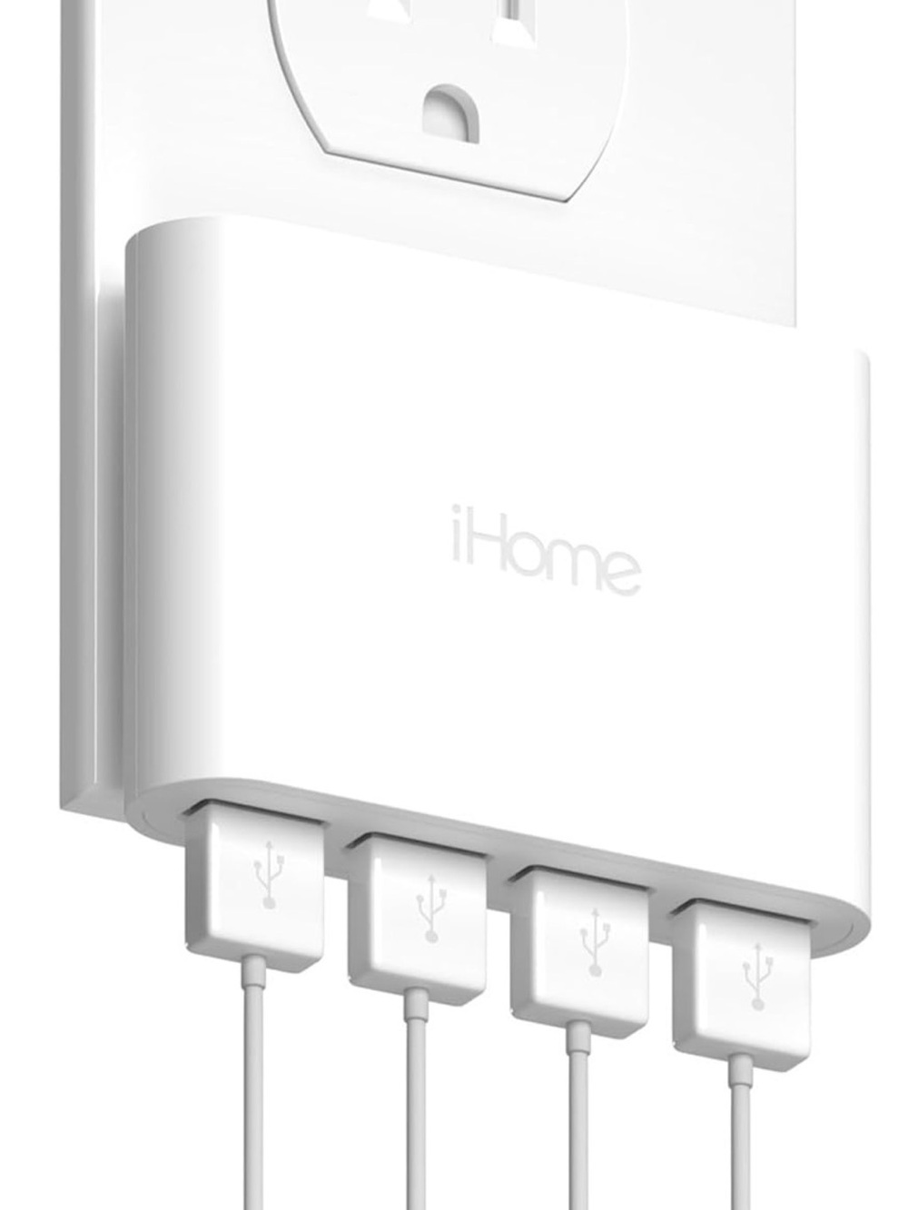 iHome 5.4A 4-Port USB Wall Charger - White with Blue Fast-Port